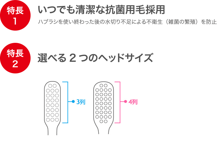 特長 いつでも清潔な抗菌用毛採用 選べる2つのヘッドサイズ